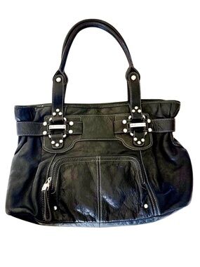B. Makowsky Soft Black Leather Studded Tote Shoulder Bag